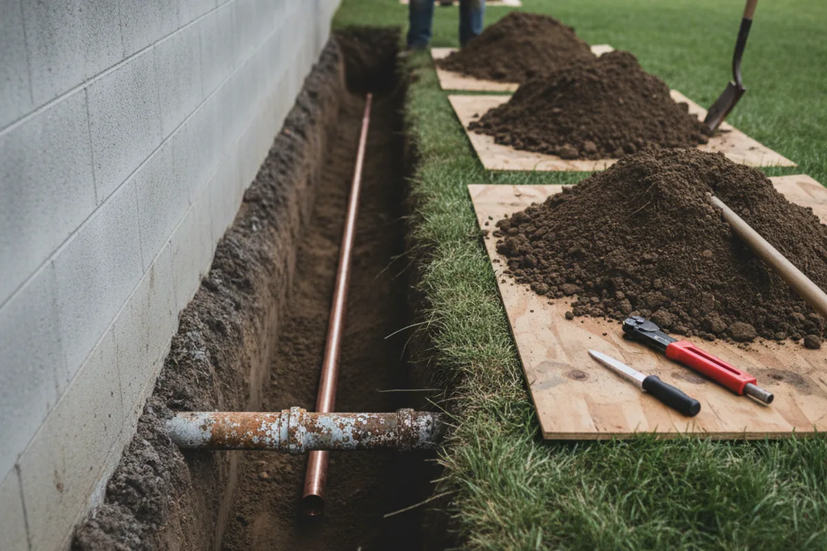 Excavated water line trench during Sewer Line Repair in Lacygne